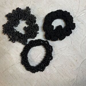 LELET NY Designer Hair Set: 3pc Black Beaded & Hand-Knotted Luxury Scrunchies‎
